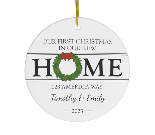 Personalized First Christmas In New Home Ornament | Ceramic Circle