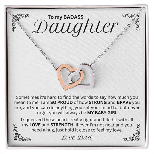 Badass Daughter - Love Dad | Interlocking Hearts Necklace | Corner Flourish Card