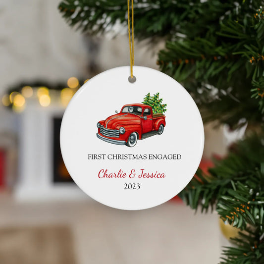 Personalized First Christmas Engaged Truck Ornament | Ceramic Circle