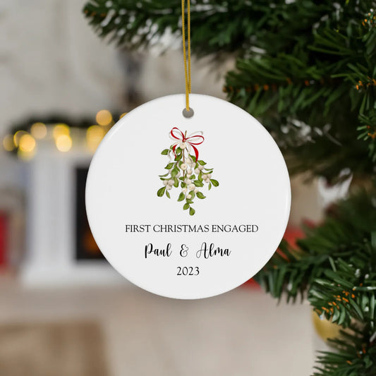 Personalized First Christmas Engaged Mistletoe Ornament | Ceramic