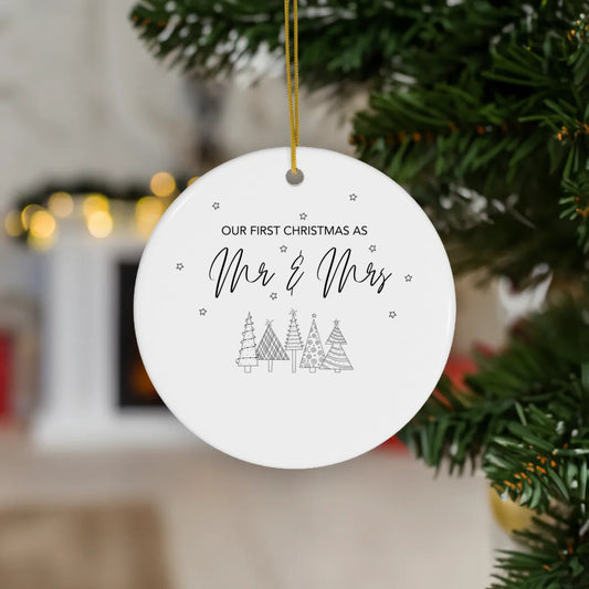 Personalized Our First Christmas As Mr. & Mrs. Tree Ornament | Ceramic Circle