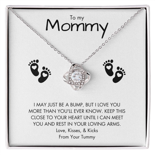 To Mommy - From Tummy | Love Knot Necklace |  Baby Feet Floral Card